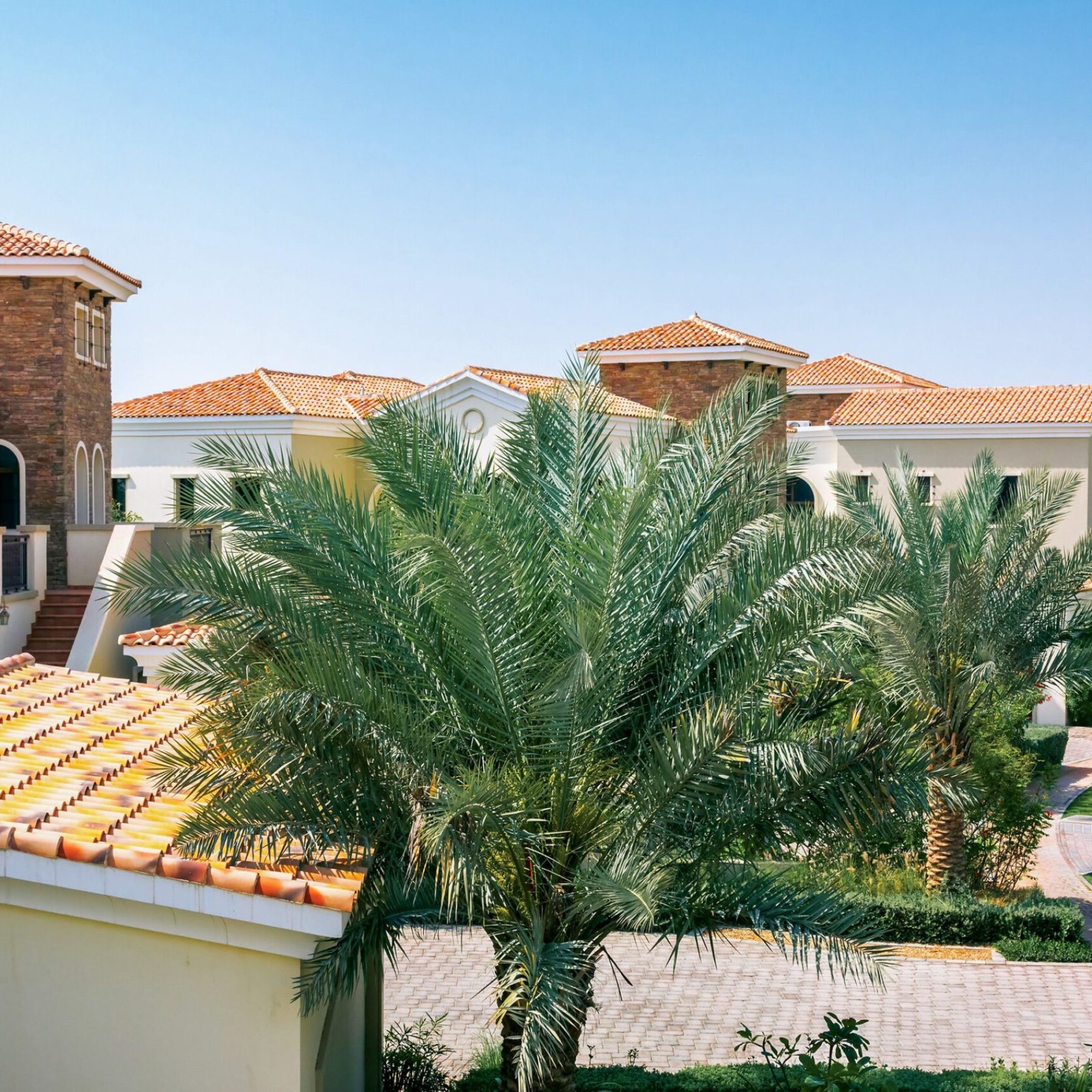 Elegant Mediterranean villas with red tile roofs surrounded by lush palm trees.